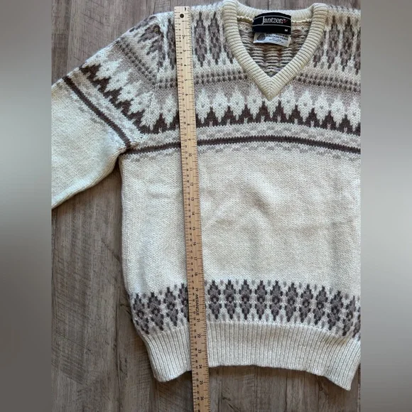 Jantzen pure new wool V-Neck Sweater Cream and Brown fair isle nordic winter - Picture 4 of 8